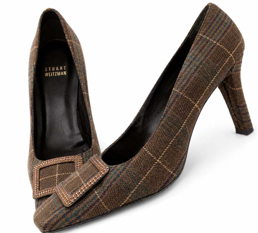 Vintage Stuart Weitzman Plaid Crystal Buckle Pumps Heels Brown 8M Y2K